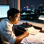 **

A stressed lawyer at their desk late at night, illuminated by a computer screen filled with legal documents. Emphasize the long working hours, a messy desk, and a weary expression. Subtle hints of Bangkok city lights outside the window. Focus on conveying the demanding lifestyle of a legal consultant.

**
