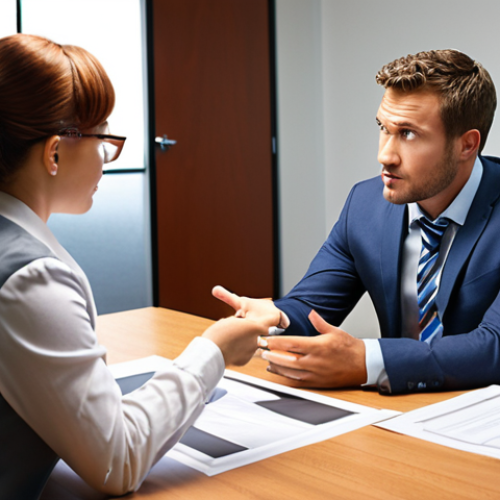 Home 14 **Confident employee negotiating with employer:** Focus on a modern office setting. Show an employee confidently discussing a contract or workplace issue with their employer. The employee should appear knowledgeable and assertive.