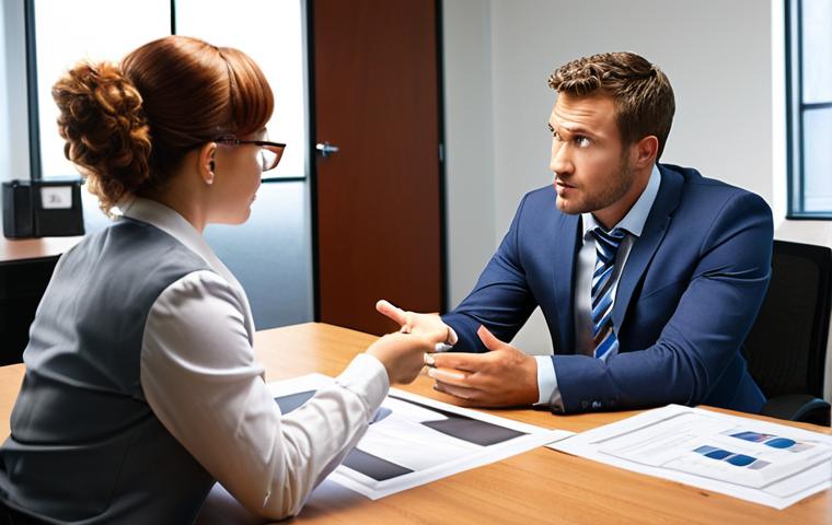 **Confident employee negotiating with employer:** Focus on a modern office setting. Show an employee confidently discussing a contract or workplace issue with their employer. The employee should appear knowledgeable and assertive.