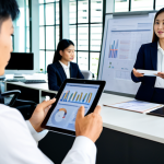 A highly professional Thai labor law expert or HR manager, either male or female, in modest and appropriate business attire, stands confidently in a modern, open-plan office. They are holding a tablet displaying a chart on "flexible work arrangements," with a blurred background of colleagues subtly working at ergonomic desks. The scene embodies professionalism and forward-thinking in the digital age. This image should be safe for work, appropriate content, fully clothed, and professional, with perfect anatomy, correct proportions, natural pose, well-formed hands, proper finger count, and natural body proportions, captured with high-resolution professional photography.