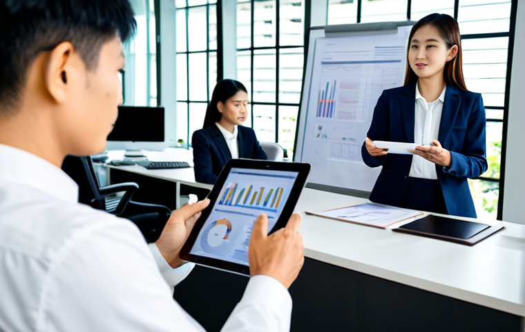A highly professional Thai labor law expert or HR manager, either male or female, in modest and appropriate business attire, stands confidently in a modern, open-plan office. They are holding a tablet displaying a chart on "flexible work arrangements," with a blurred background of colleagues subtly working at ergonomic desks. The scene embodies professionalism and forward-thinking in the digital age. This image should be safe for work, appropriate content, fully clothed, and professional, with perfect anatomy, correct proportions, natural pose, well-formed hands, proper finger count, and natural body proportions, captured with high-resolution professional photography.