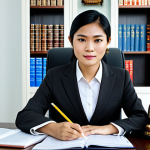 **

A determined Thai woman in a professional, modest business suit, sitting at a well-lit desk in a modern Bangkok office, studying legal documents related to Thai labor law. Background includes Thai legal textbooks and a small Buddha statue. Fully clothed, appropriate attire, safe for work, perfect anatomy, natural pose, professional digital art, high resolution, family-friendly.

**