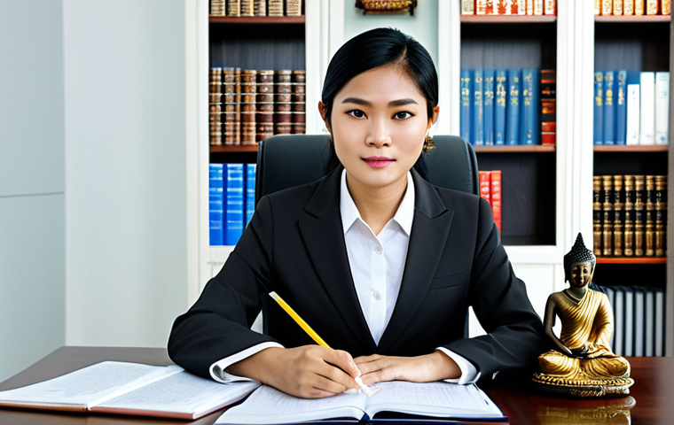 **

A determined Thai woman in a professional, modest business suit, sitting at a well-lit desk in a modern Bangkok office, studying legal documents related to Thai labor law. Background includes Thai legal textbooks and a small Buddha statue. Fully clothed, appropriate attire, safe for work, perfect anatomy, natural pose, professional digital art, high resolution, family-friendly.

**