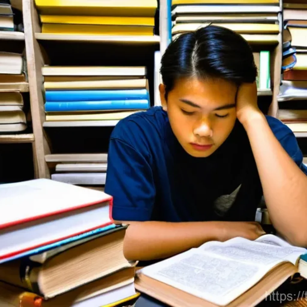 공인노무사 시험에서 피해야 할 실수 - **Overwhelmed Student with Disorganized Study Materials:** A young Thai student, gender-neutral, sit...