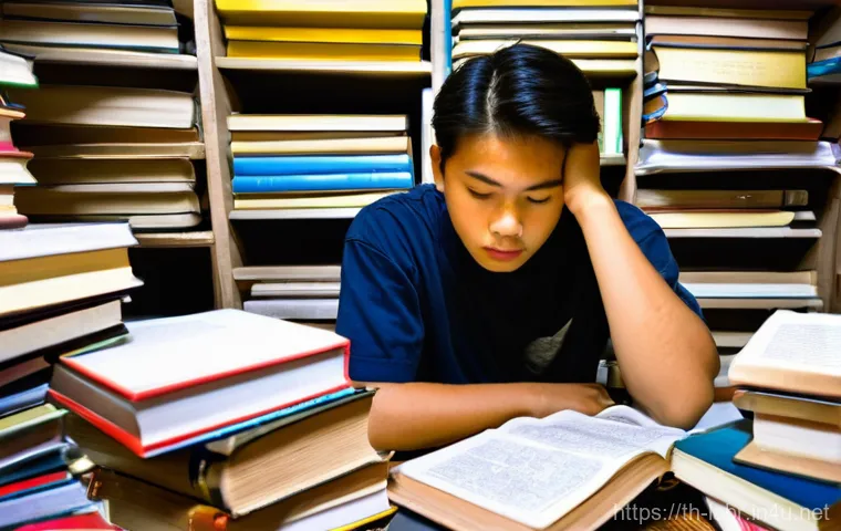공인노무사 시험에서 피해야 할 실수 - **Overwhelmed Student with Disorganized Study Materials:** A young Thai student, gender-neutral, sit...
