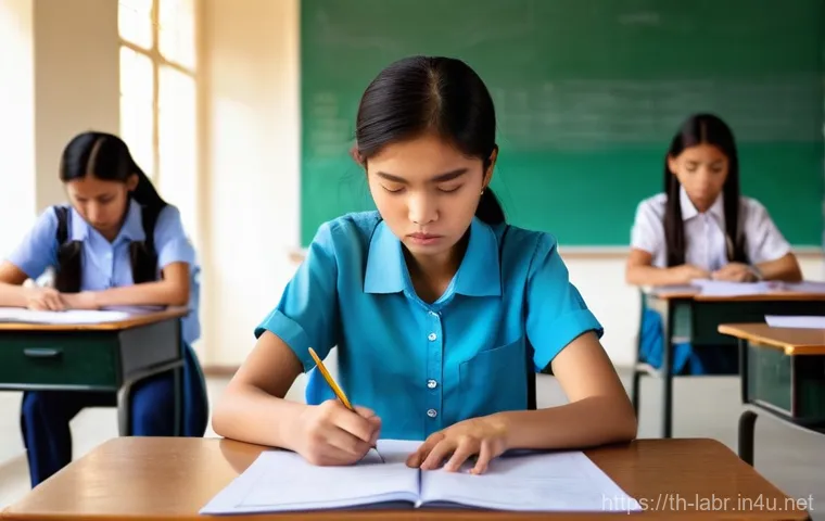 공인노무사 시험에서 피해야 할 실수 - **Overwhelmed Student with Disorganized Study Materials:** A young Thai student, gender-neutral, sit...