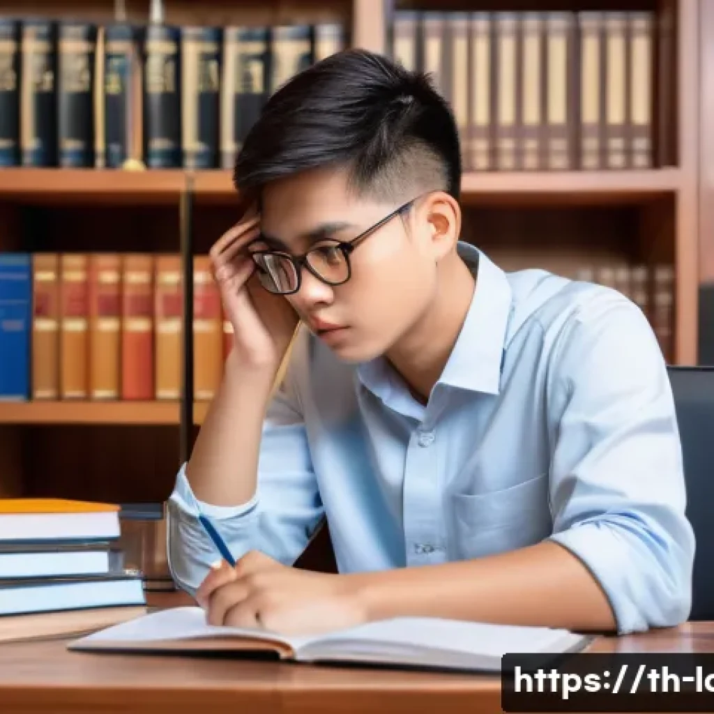 노무사 실기 시험의 성공 전략 - A focused Thai student sitting at a wooden desk in a cozy study room, surrounded by law textbooks an...