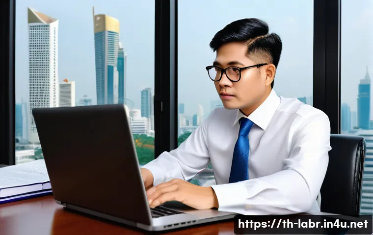 노무사로서의 역량 강화 방법 - A professional Thai labor lawyer in a modern office setting, attentively reading updated legal docum...