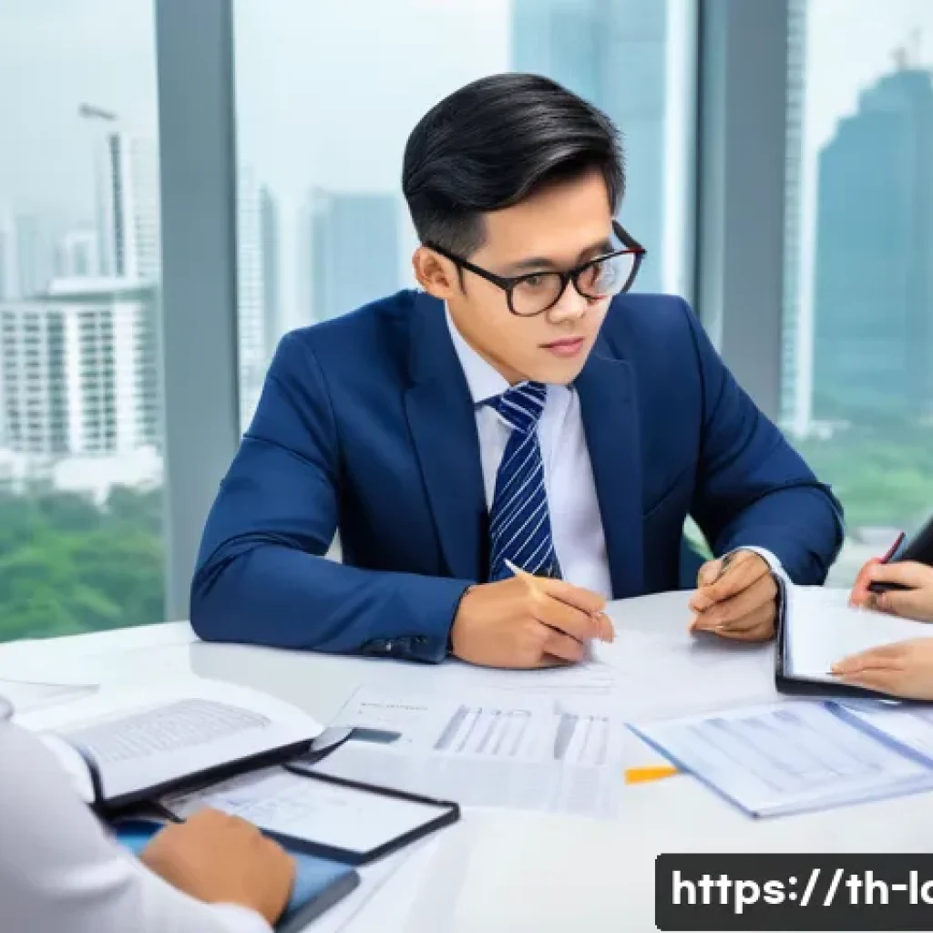 노무사의 업무 분장 사례 - A professional Thai labor lawyer in a modern Bangkok office, wearing business attire and glasses, at...