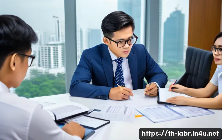 노무사의 업무 분장 사례 - A professional Thai labor lawyer in a modern Bangkok office, wearing business attire and glasses, at...