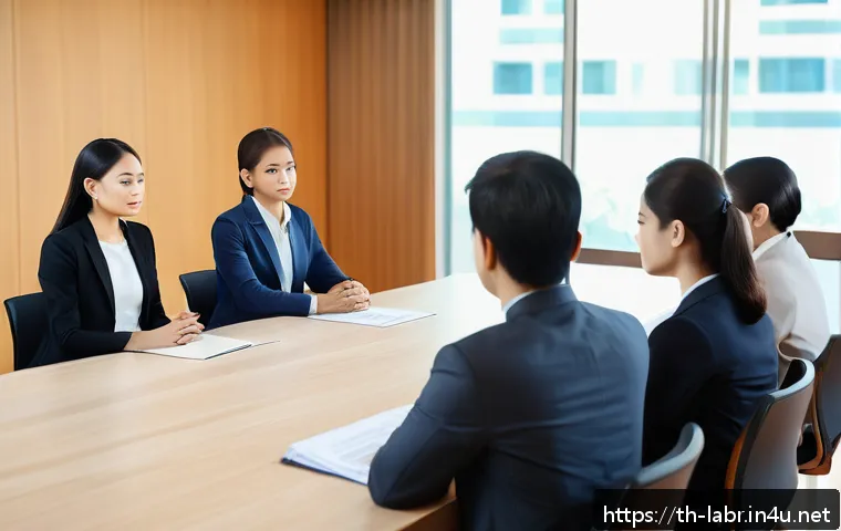 노무사로서의 직장 내 분쟁 중재 - A diverse team of Thai office workers engaged in a calm mediation session in a modern, quiet meeting...