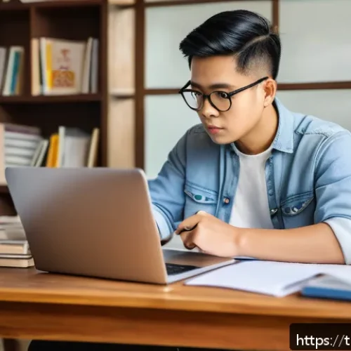 공인노무사 시험의 실기 대비법 - A focused young Thai adult studying diligently at a modern desk with a laptop, digital notes, and a ...
