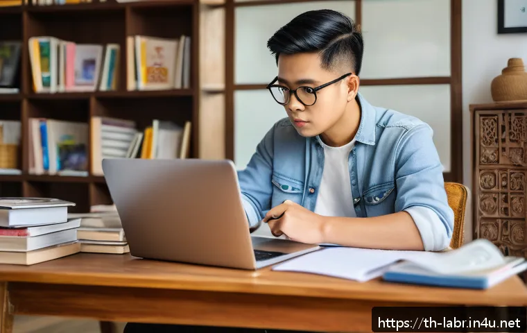 공인노무사 시험의 실기 대비법 - A focused young Thai adult studying diligently at a modern desk with a laptop, digital notes, and a ...