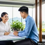 공인노무사와 연봉 협상 기술 - A professional Thai office setting featuring a confident young Thai man in business casual attire si...