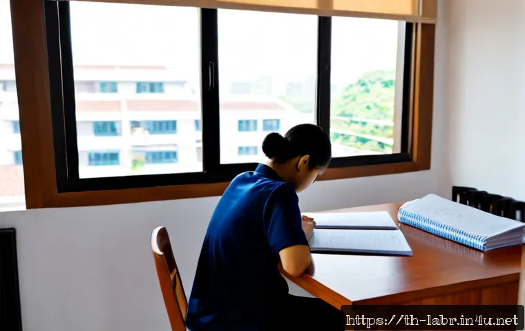 Home 17 노무사 자격증 취득을 위한 공부 루틴 - Photorealistic Thai young professional preparing for a labor law certification exam, seated at a cle...